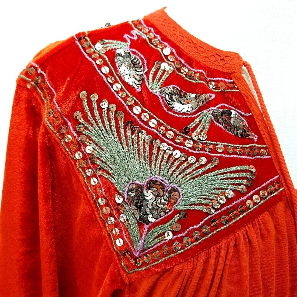 New Free People Hearts Aflame Orange Balloon Long-Sleeve Sequin Top $128 S Red