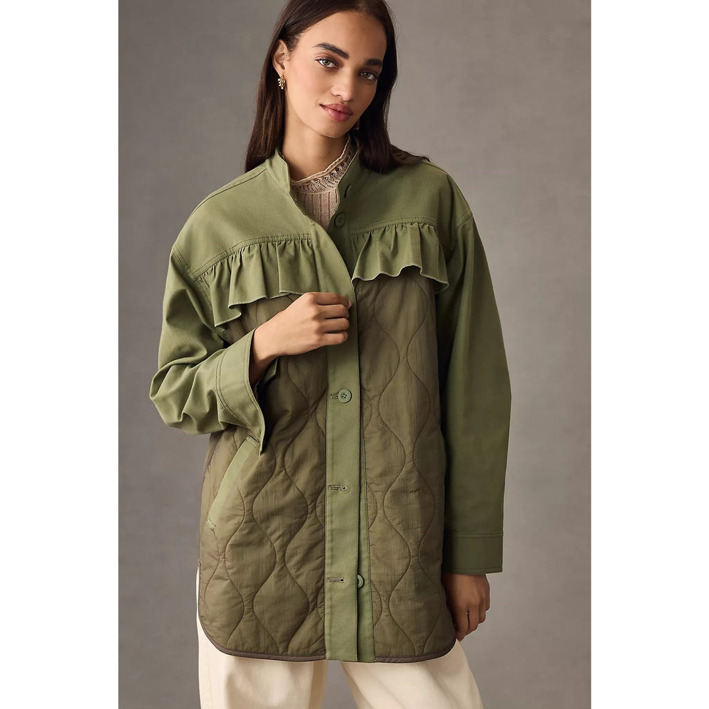 New By Anthropologie Quilted Ruffled Shacket $178 X-SMALL Moss MILITARY INSPIRED