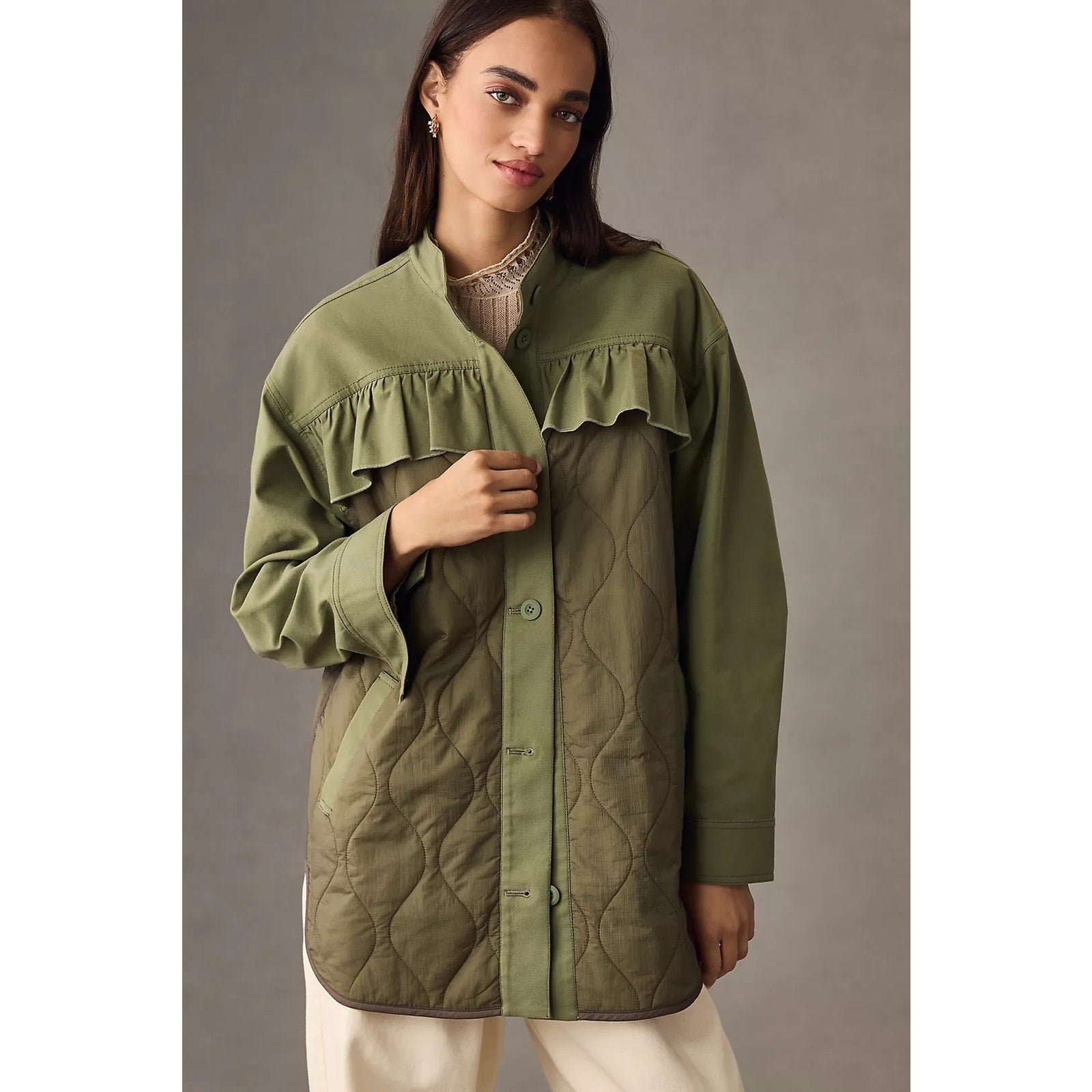 New By Anthropologie Quilted Ruffled Shacket $178 X-SMALL Moss MILITARY INSPIRED
