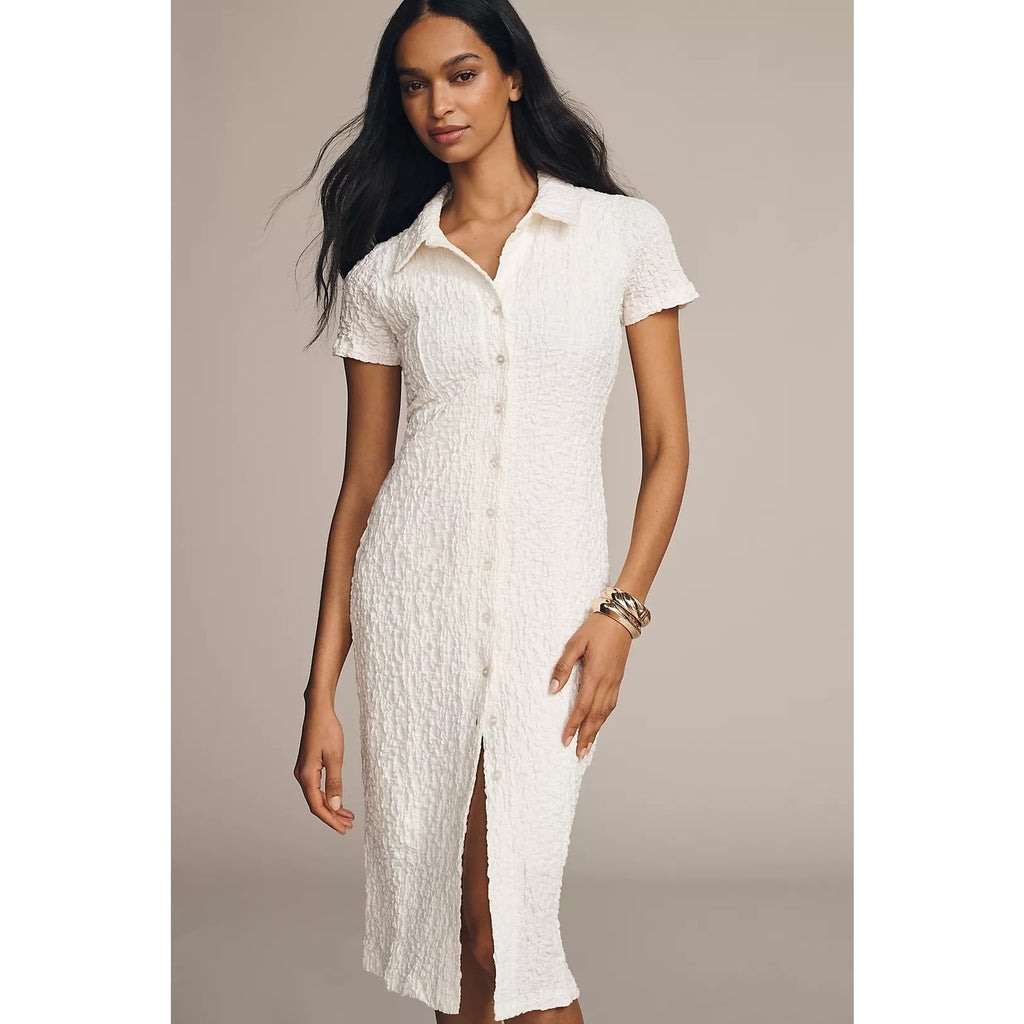 Anthropologie Short-Sleeve Collared Textured Midi Shirt Dress 1X White Anthropologie