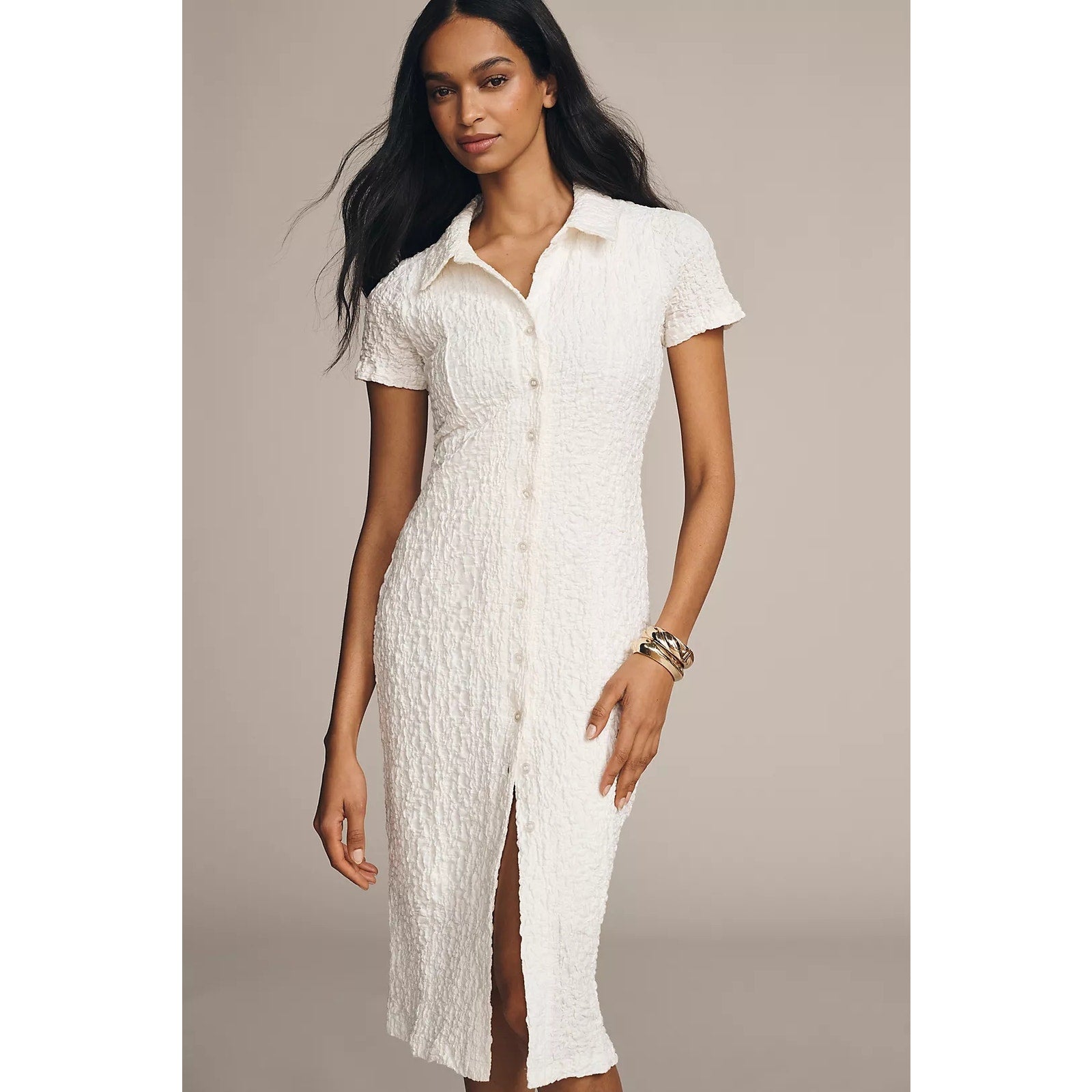 Anthropologie Short-Sleeve Collared Textured Midi Shirt Dress 1X White Anthropologie