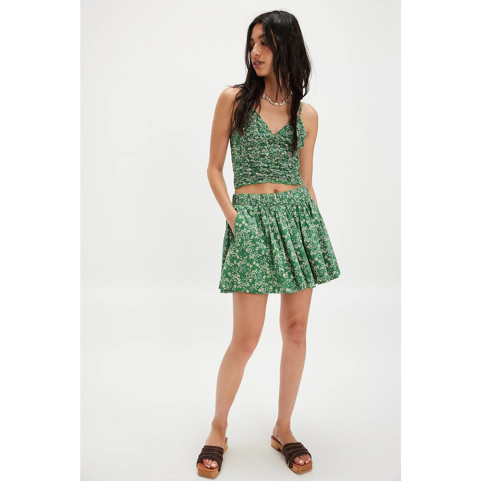 FREE PEOPLE Brunch Club Mini Skirt Set MEDIUM Kelly Green Floral Boho Free People