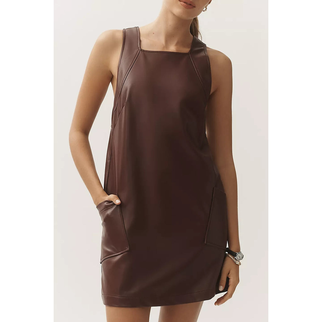 Anthropologie Maeve Sleeveless FauxLeather Shift Mini Dress $178 LARGE Brown