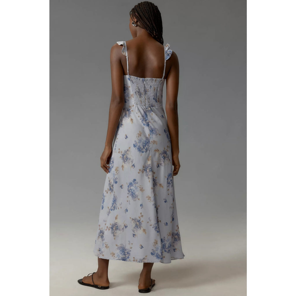New Anthropologie x Faithfull Ruffle-Neck Floral Midi Dress $240 Size 6 Lilac