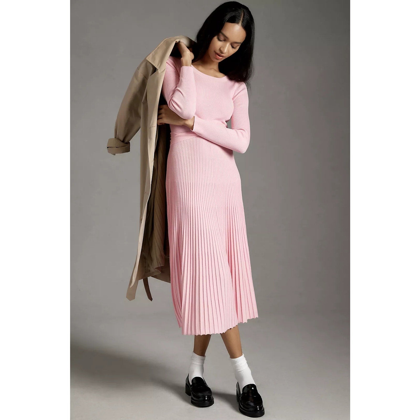 By Anthropologie Long-Sleeve Ribbed Sweater Midi Dress MEDIUM Pink Anthropologie