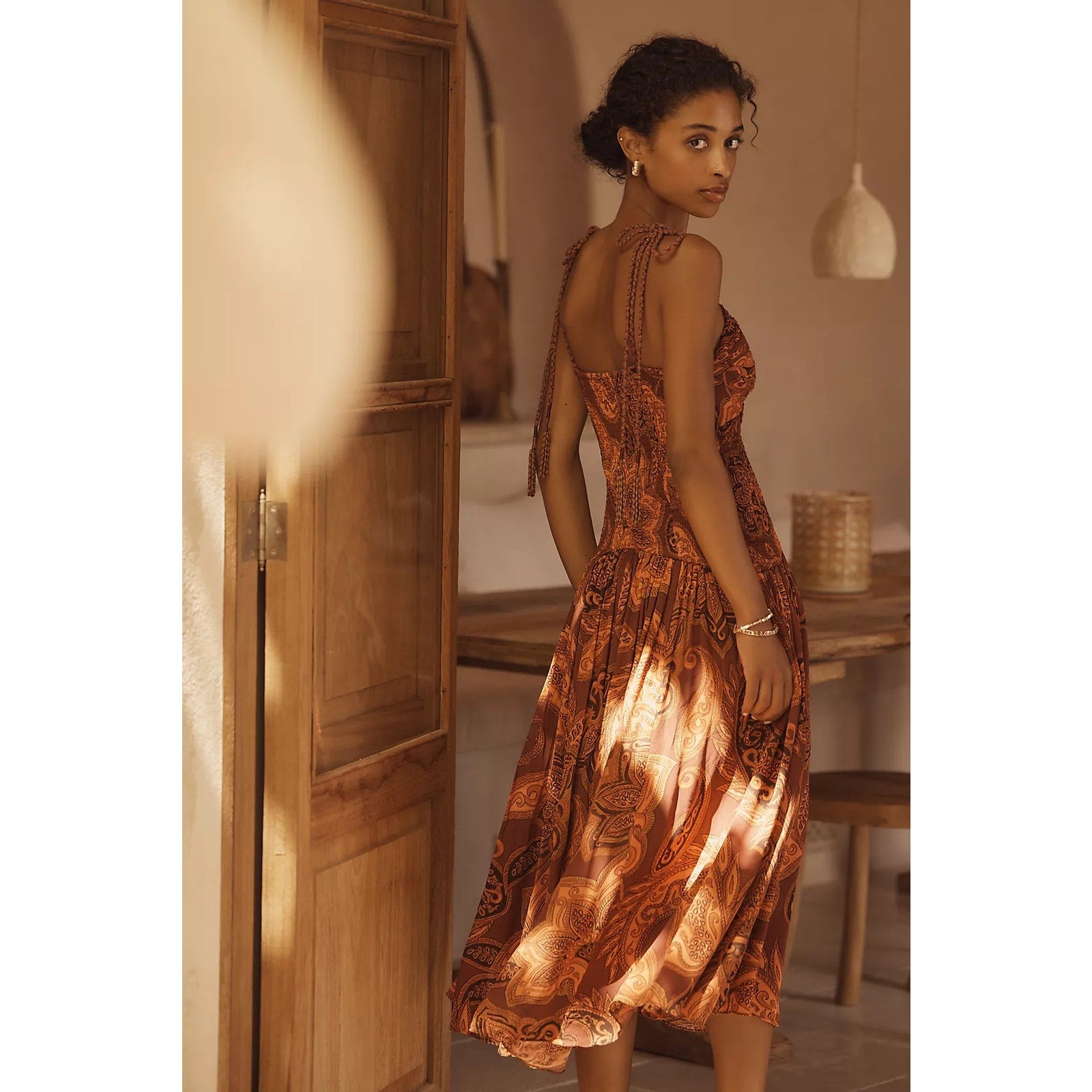Farm Rio x Anthropologie Drop-Waist Printed Midi Dress MEDIUM Brown FARM Rio