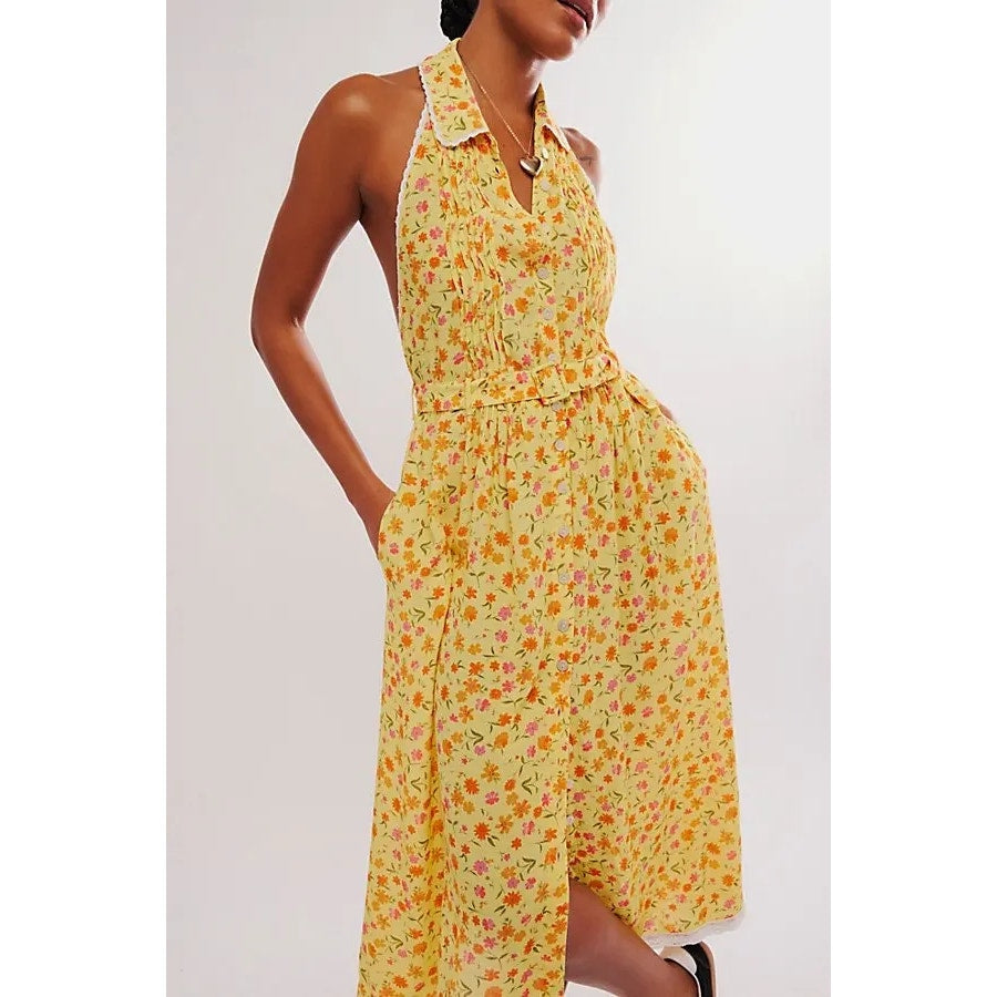 FREE PEOPLE Slice Of Life Halter Midi Dress X-SMALL Yellow Floral Free People