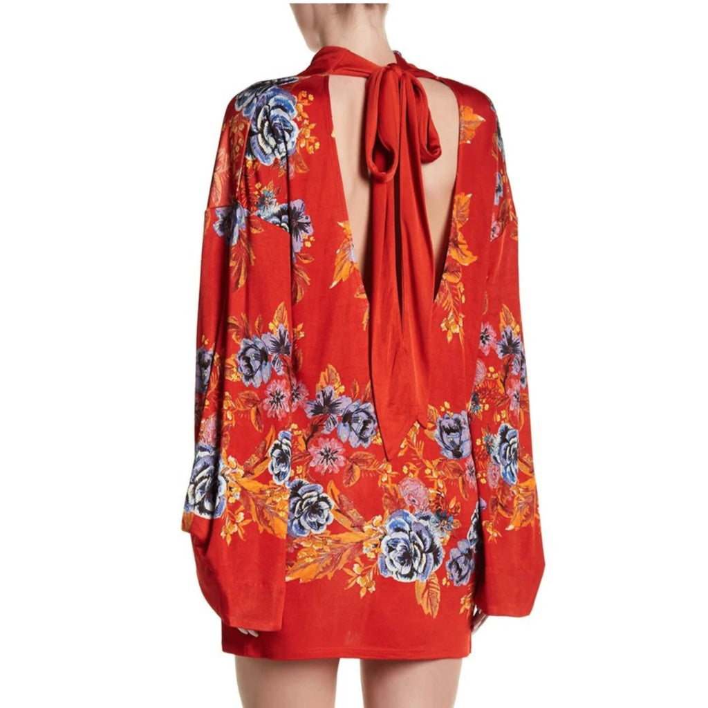 New Free People 2 AM Mini Dress Mock Neck  $168 SMALL Red  Floral Open-Back