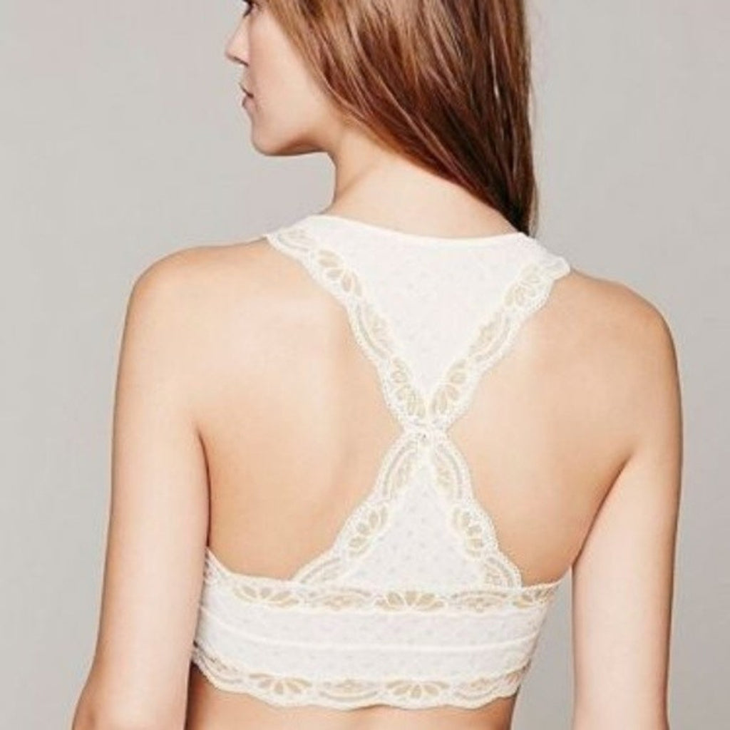 New Free People Ivory Metallic Foil Lace Racerback Bralette $48 Size Large