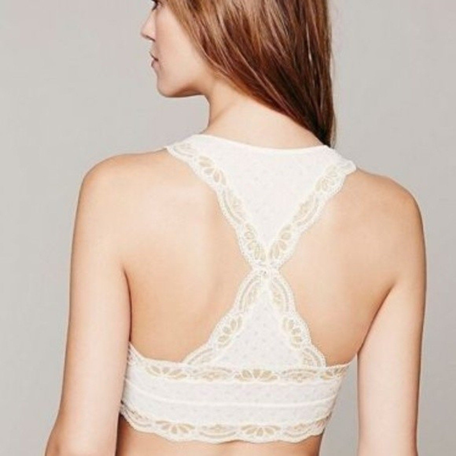 New Free People Ivory Metallic Foil Lace Racerback Bralette $48 Size Large