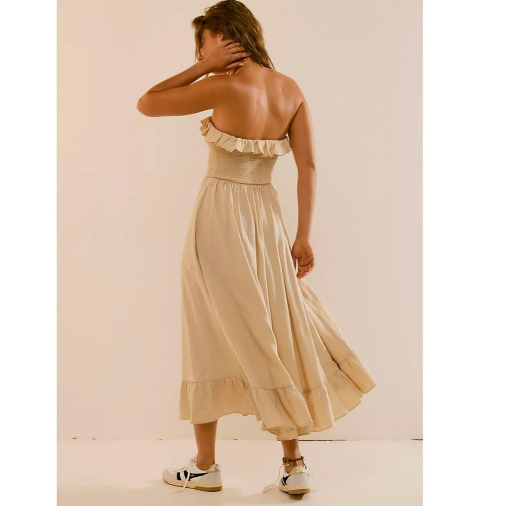 New FREE PEOPLE Lush Life Linen Strapless Midi Dress $98 LARGE Bleached Sand