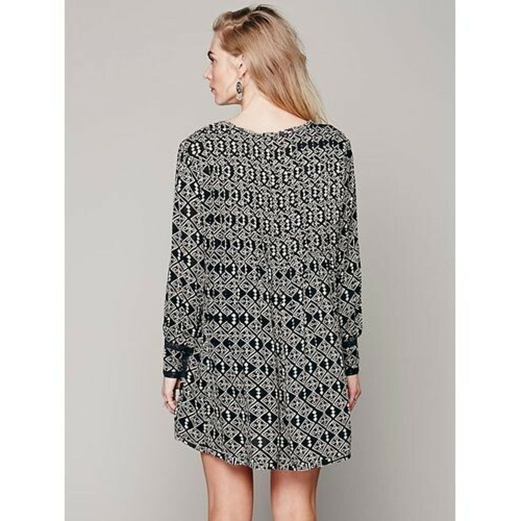 NEW $128 Free People Marlow Print Pintuck Pleat Shift Dress BLACK X-Small XS