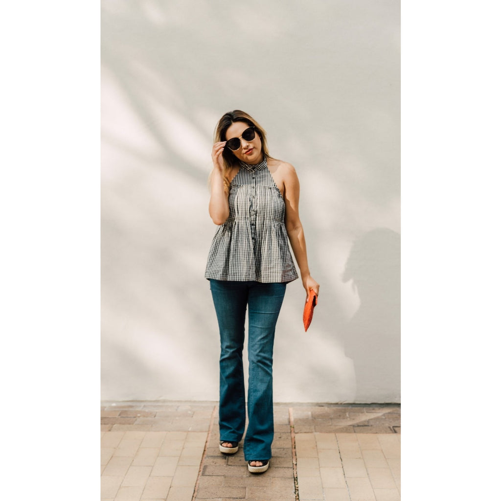 NEW Free People Take It Easy Gingham Halter Top Size Large Black & White