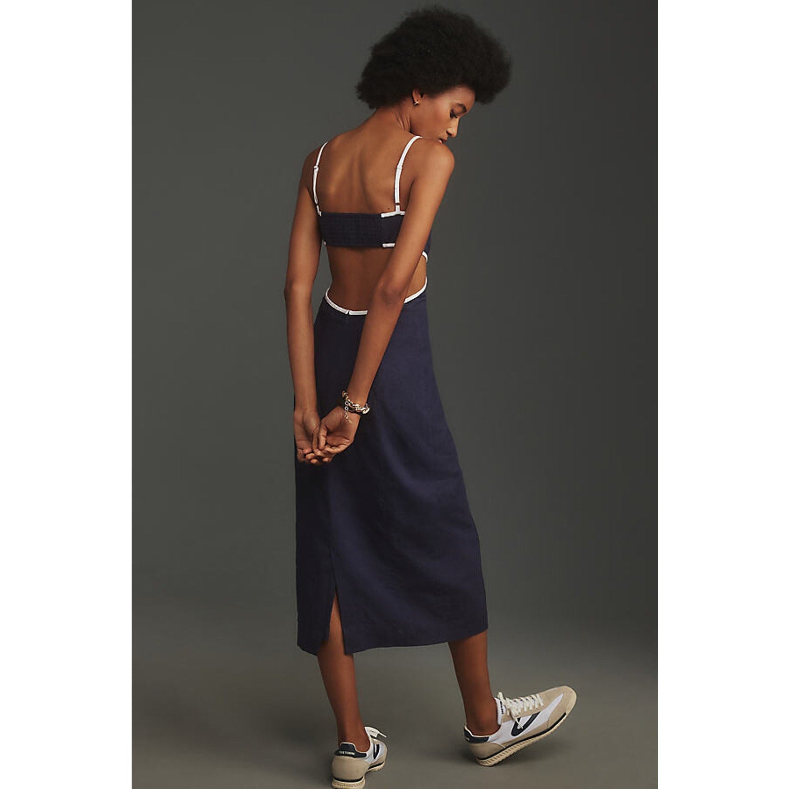 Anthropologie The Dafni Cutout Linen Midi Dress by Maeve $168 X-LARGE Navy