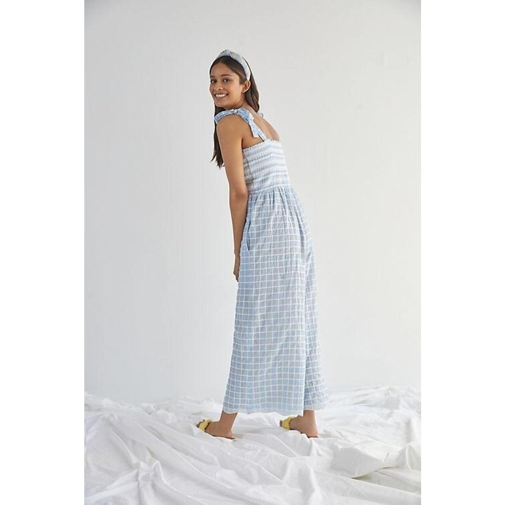 New Anthropologie by Plenty Plaid Scalloped Smocked Wide-Leg Jumpsuit Size LP