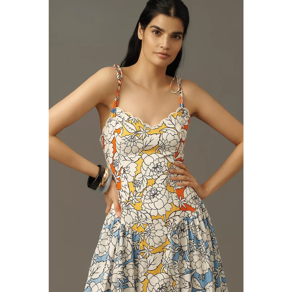 Farm Rio x Anthropologie Basque-Waist Midi Dress SMALL Yellow Motif FARM Rio