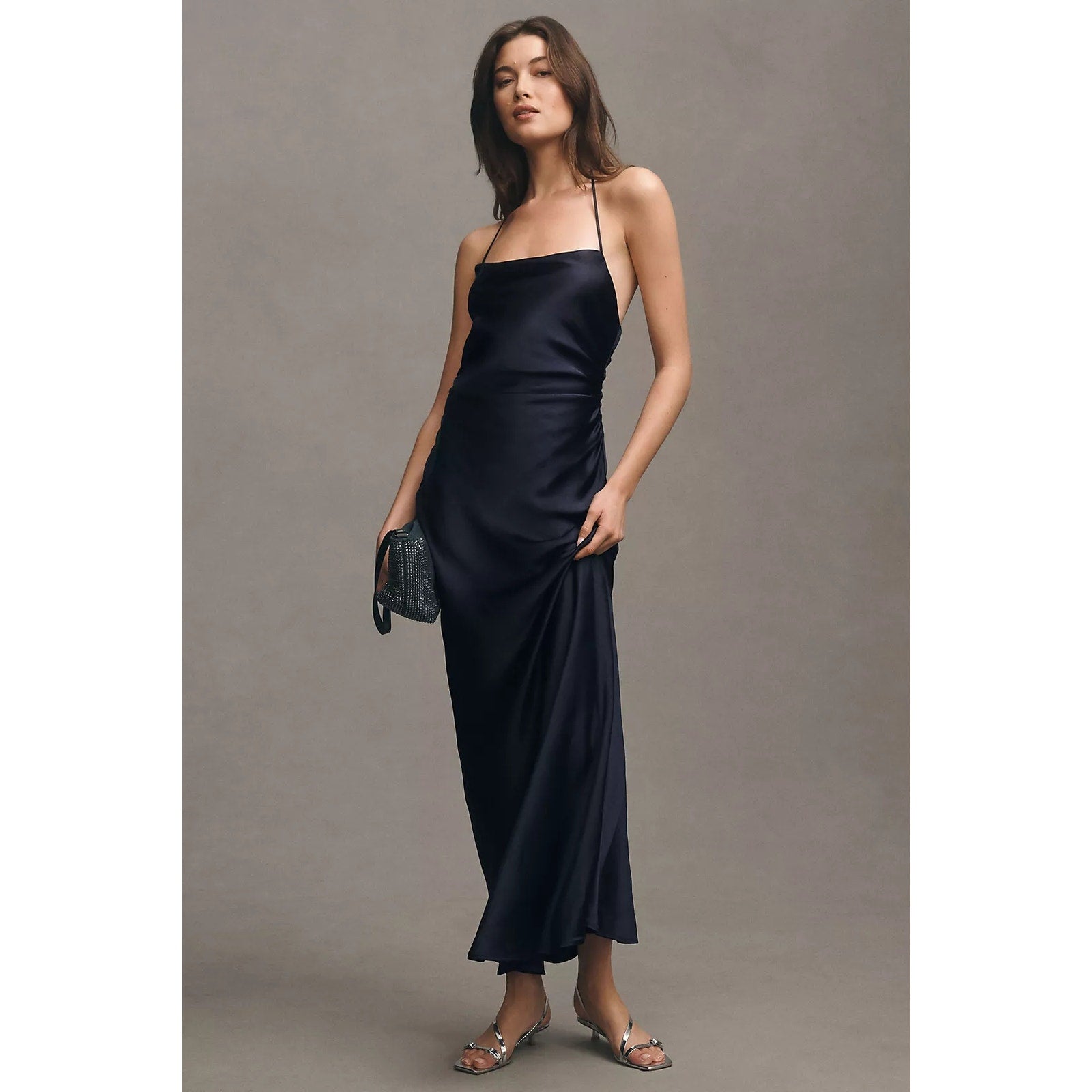 Anthropologie BHLDN Saylor Cowl-Neck Satin Halter Maxi Dress XS Navy Anthropologie
