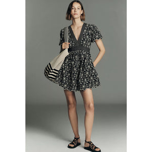 Anthropologie Maeve Cotton Lace V-Neck Mini Dress MP MEDIUM PETITE B&W