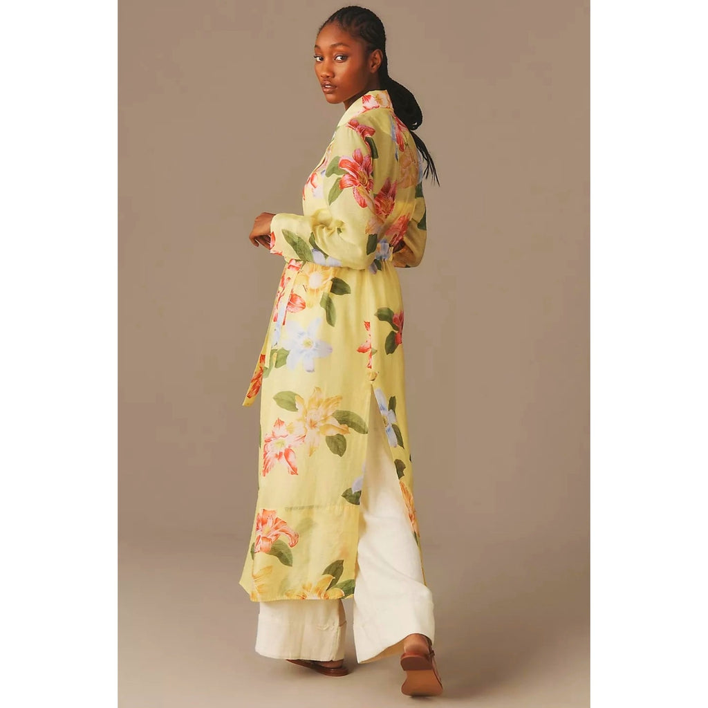 Anthropologie Maeve Sheer Floral Printed Trench Coat $158 XXS Yellow