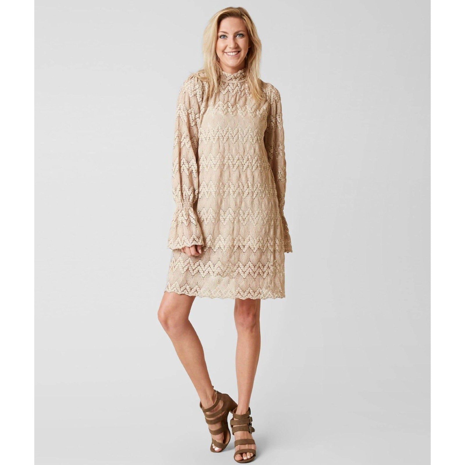 New Free People Simone Neutral Crochet Lace Mini Dress $128 Small Mock Taupe