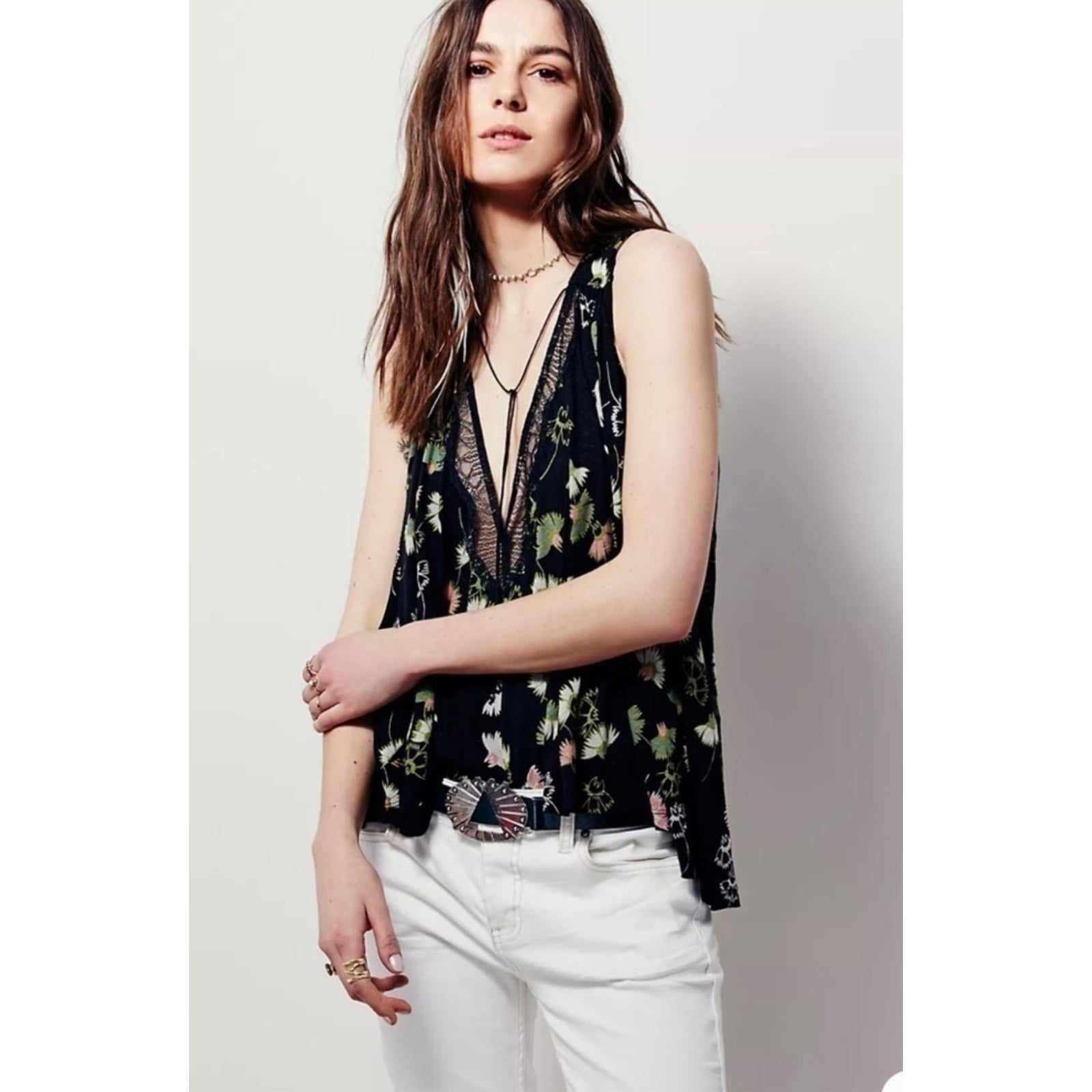 New Free People Love Potion Floral Tank Top $88 SMALL Black V-neck Eyelash Lace