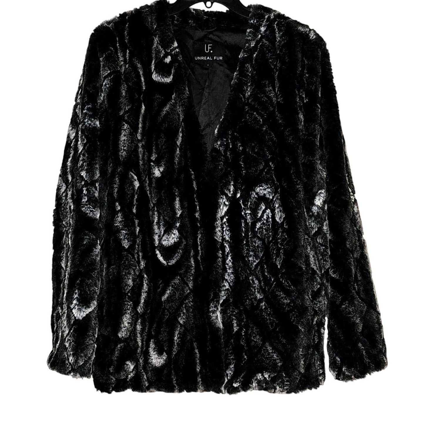 New Anthropologie Unreal Fur Faux Fur Coat SMALL Black & Gray COLLARLESS