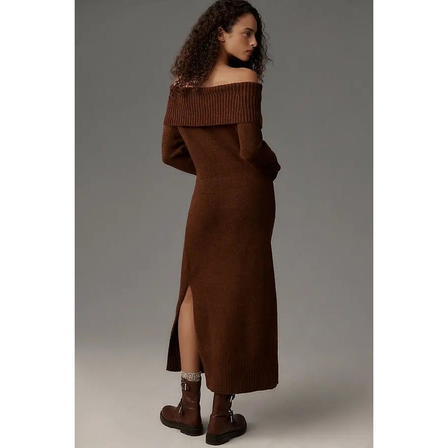 Dark brown off-shoulder knit midi sweater dress with side slit hem and long sleeves