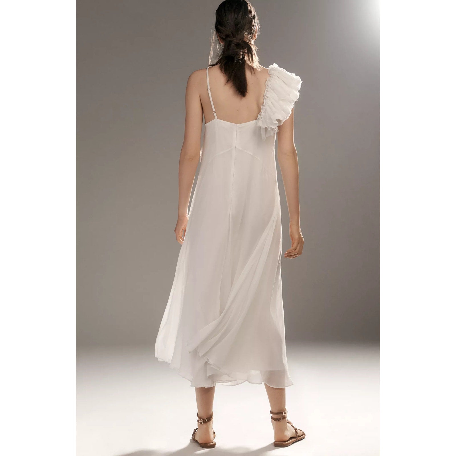 Anthropologie Let Me Be Asymmetric 3D Floral Midi Dress Medium White Anthropologie