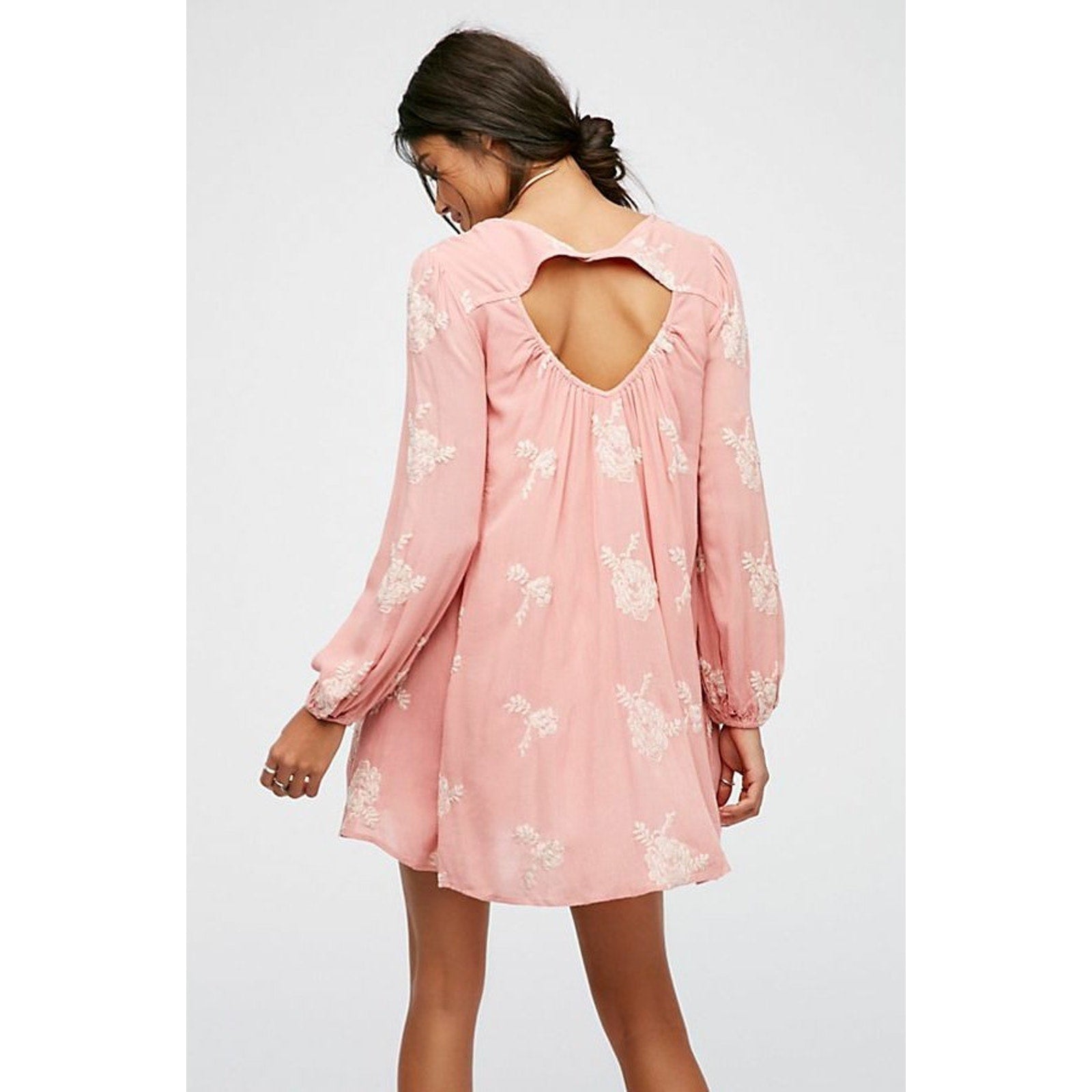 New Free People Pink Cherry Blossom Embroidered Austin Mini Dress Sz Small Boho