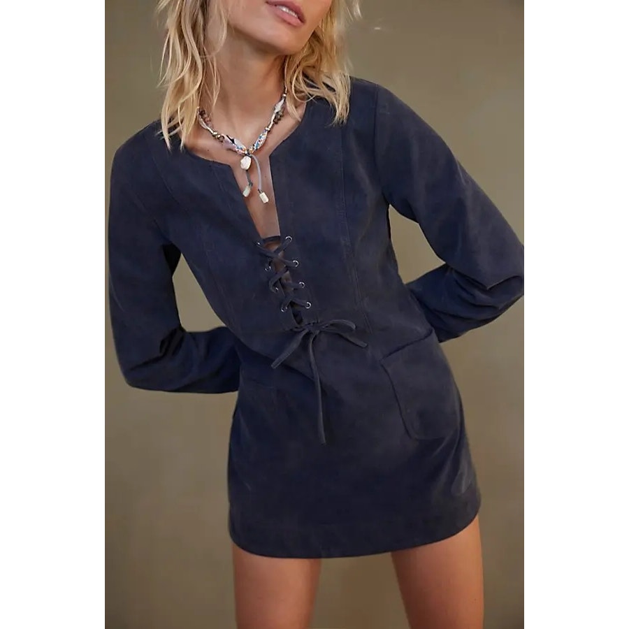 New Free People Bradley Faux Suede Shift Style Mini Dress $168 X-SMALL Lace-up
