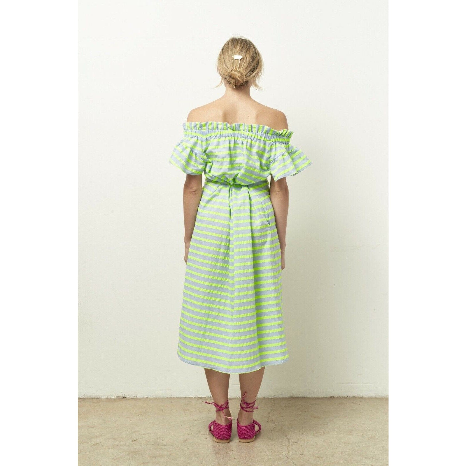 New Corey Lynn Calter Biata Off-The-Shoulder Midi Dress $178 SMALL Blue Lime