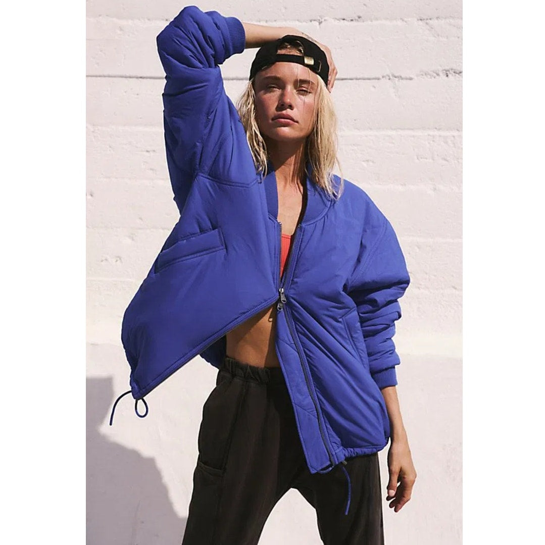 New Free People FP MOVEMENT Midnight Moon Solid Bomber Jacket $168 LARGE Colbalt