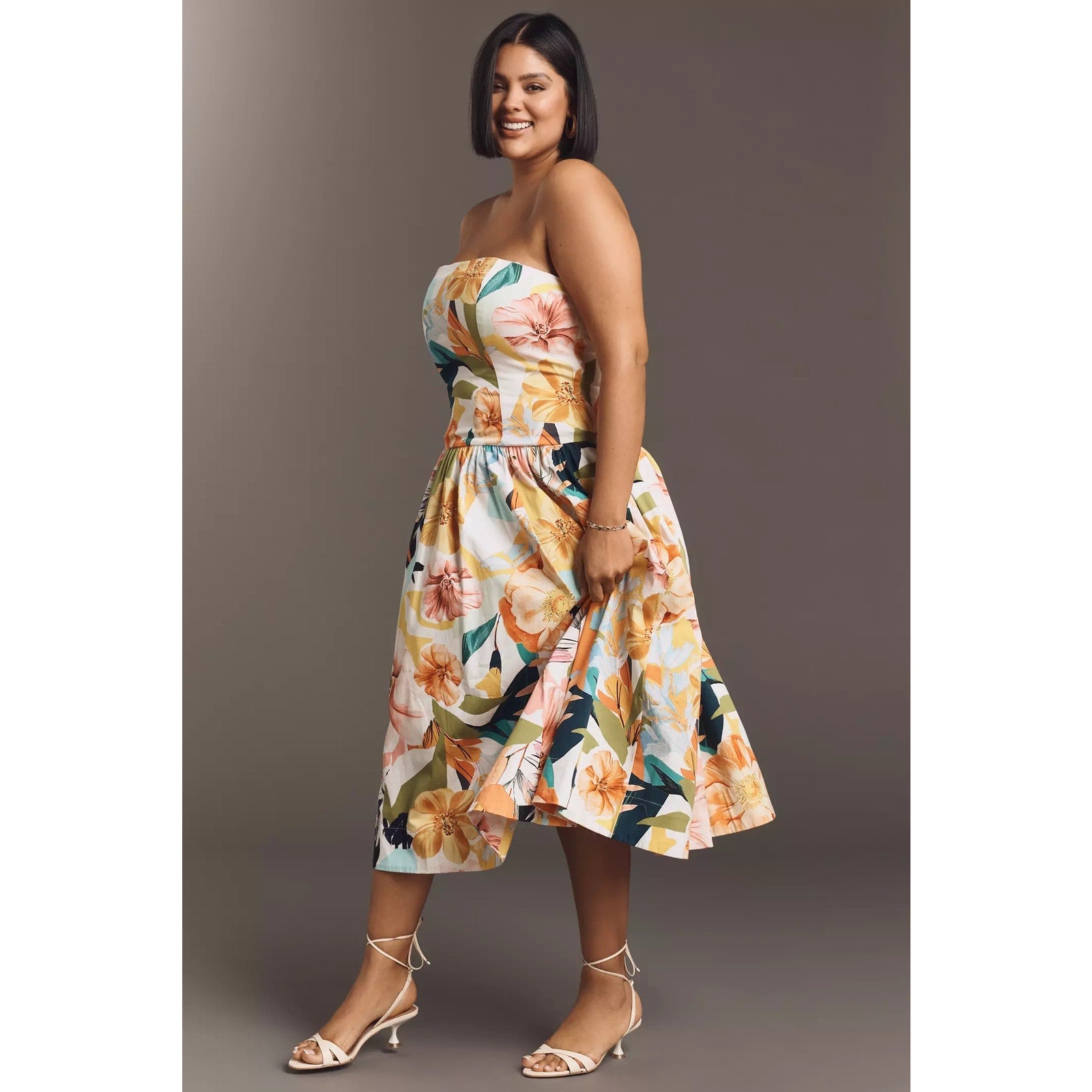 Anthropologie Drop-Waist Midi Dress Size Large Yellow Floral Anthropologie