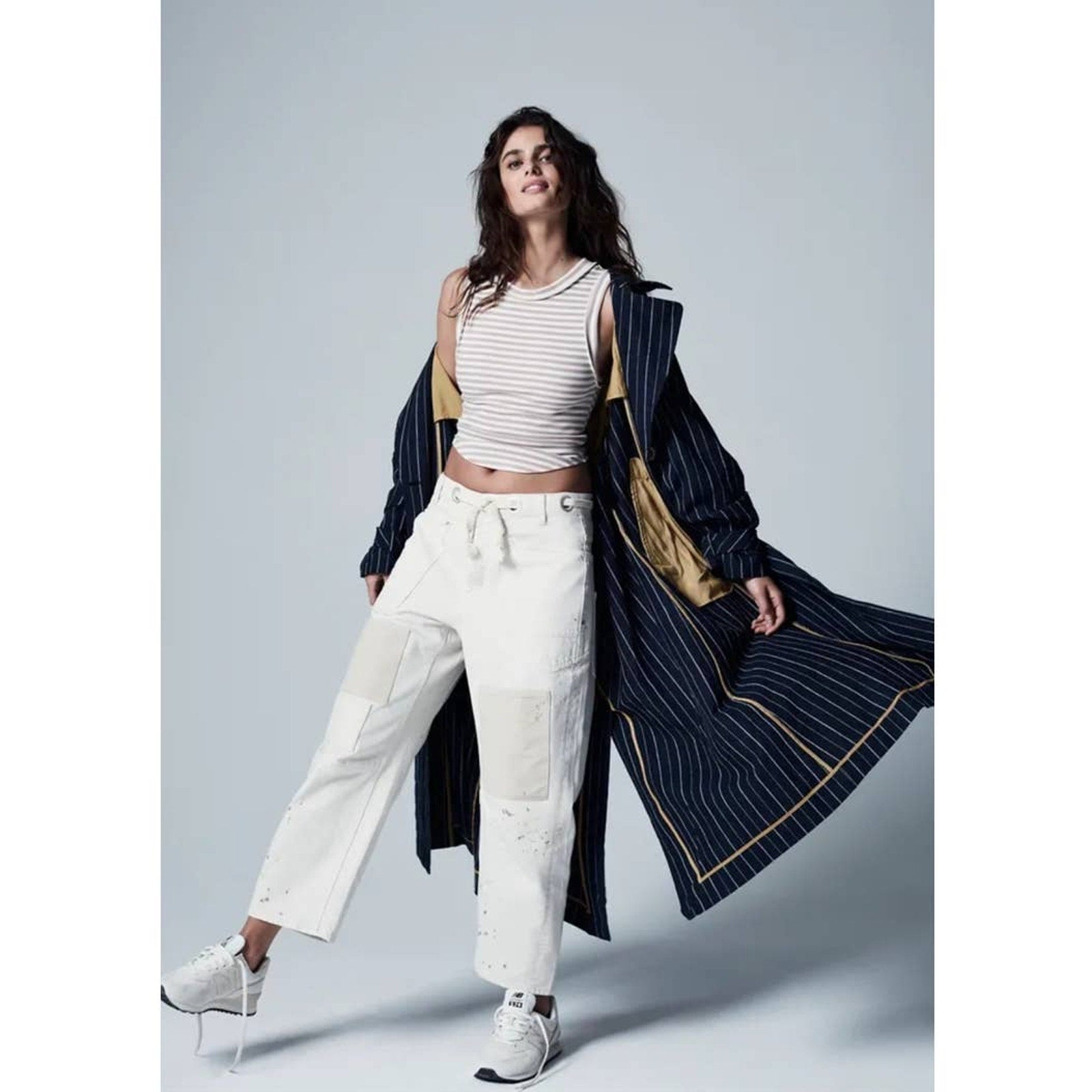New Free People Melia Mac Coat WTF $228 LARGE Blue Striped Vintage-Inspired