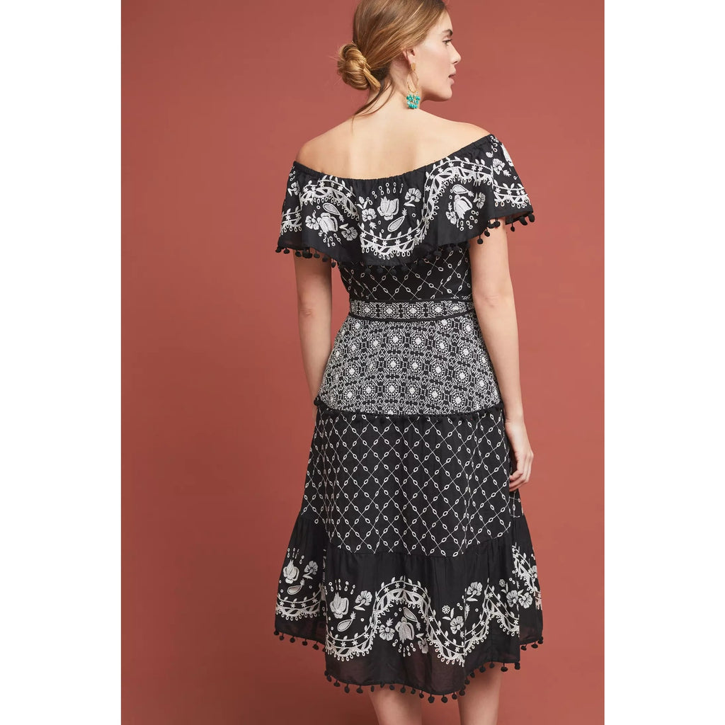 New Anthropologie Marisol Off the Shoulder Embroidered Midi Dress $230 B&W Sz 4