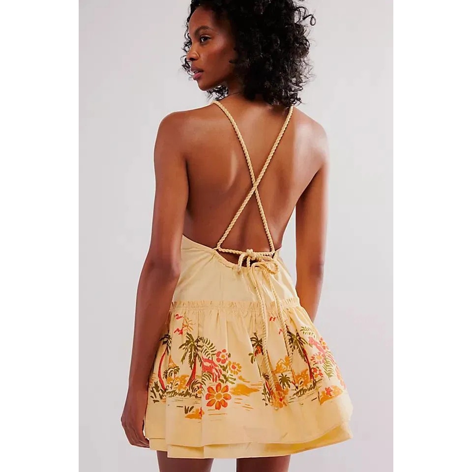 FREE PEOPLE Deserted Island Poplin Mini Dress MEDIUM Apricot Combo Free People