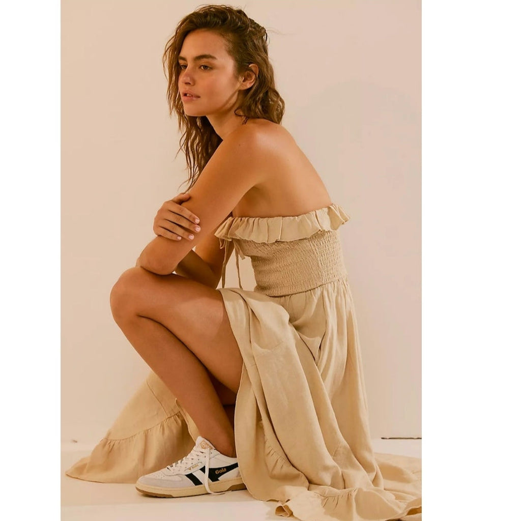 New FREE PEOPLE Lush Life Linen Strapless Midi Dress $98 LARGE Bleached Sand