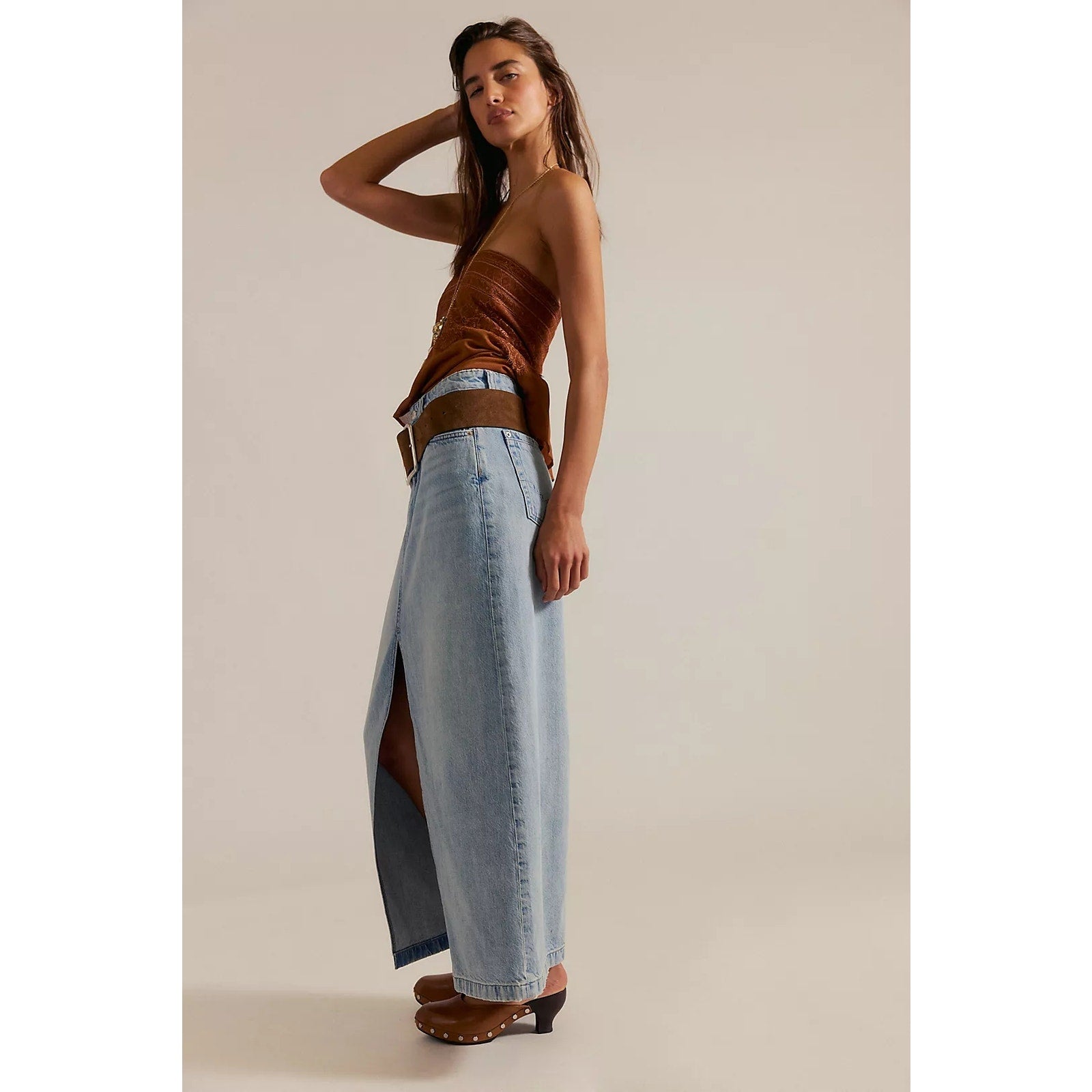 FREE PEOPLE We The Free Nothing Better Denim Maxi Skirt SZ 26 Ocean Free People