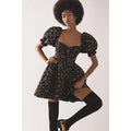 Black floral mini dress with puff sleeves and square neckline