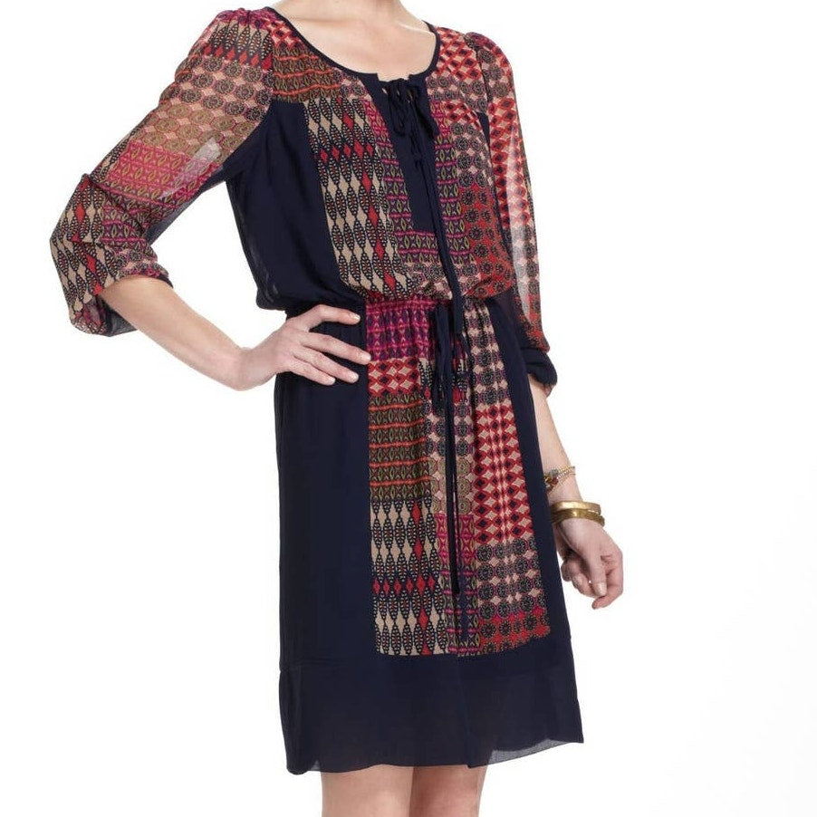 New Anthropologie x Maeve Rosalie Peasant Mini Dress X-SMALL Geo Boho