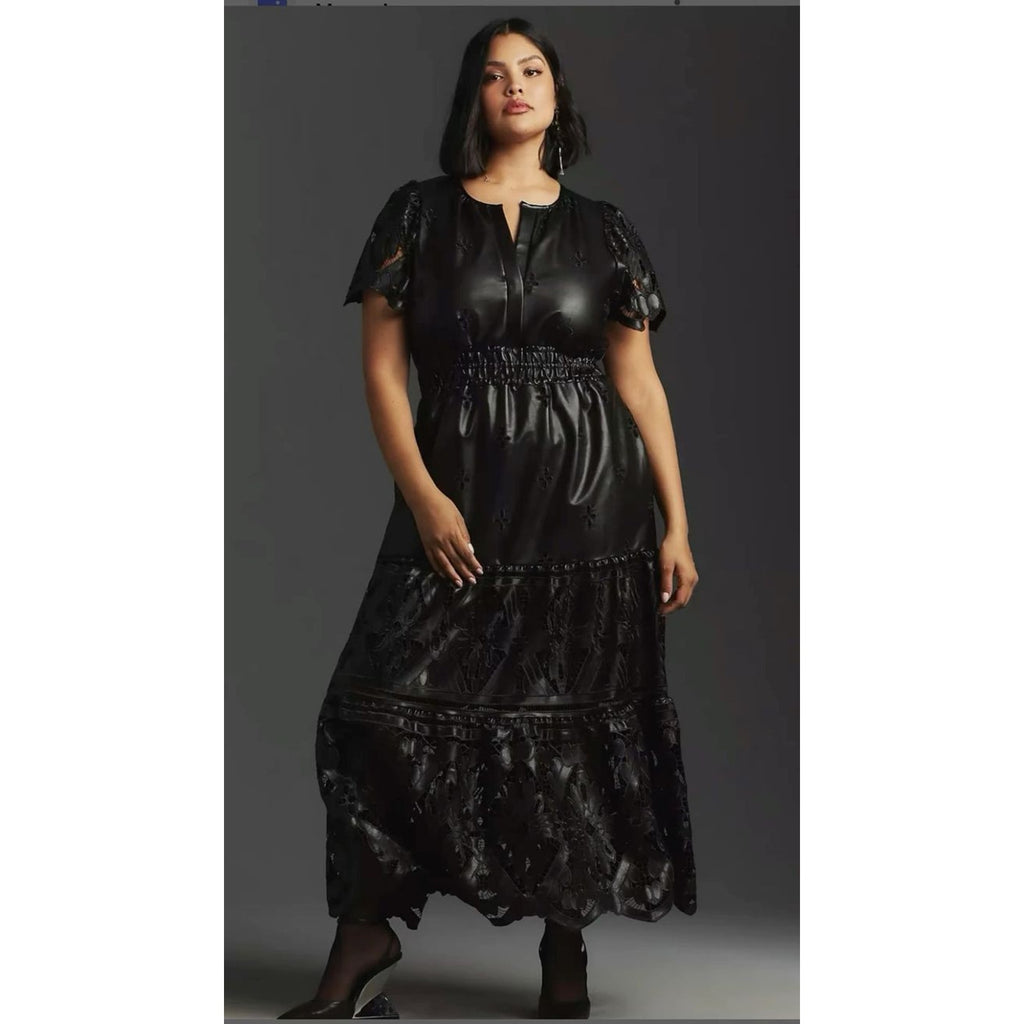 Anthropologie The Somerset Maxi Dress: Faux Leather Embroidered BLACK XS