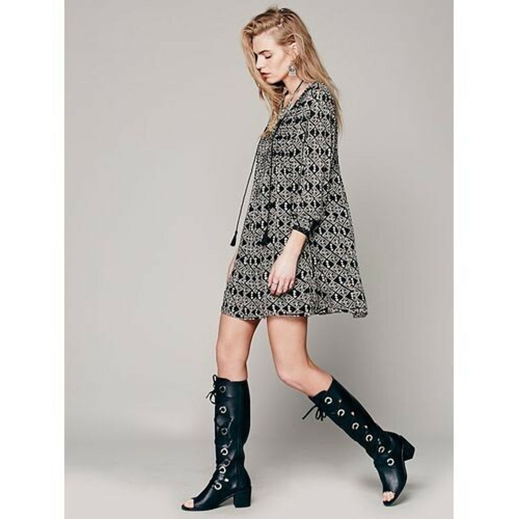 NEW $128 Free People Marlow Print Pintuck Pleat Shift Dress BLACK X-Small XS