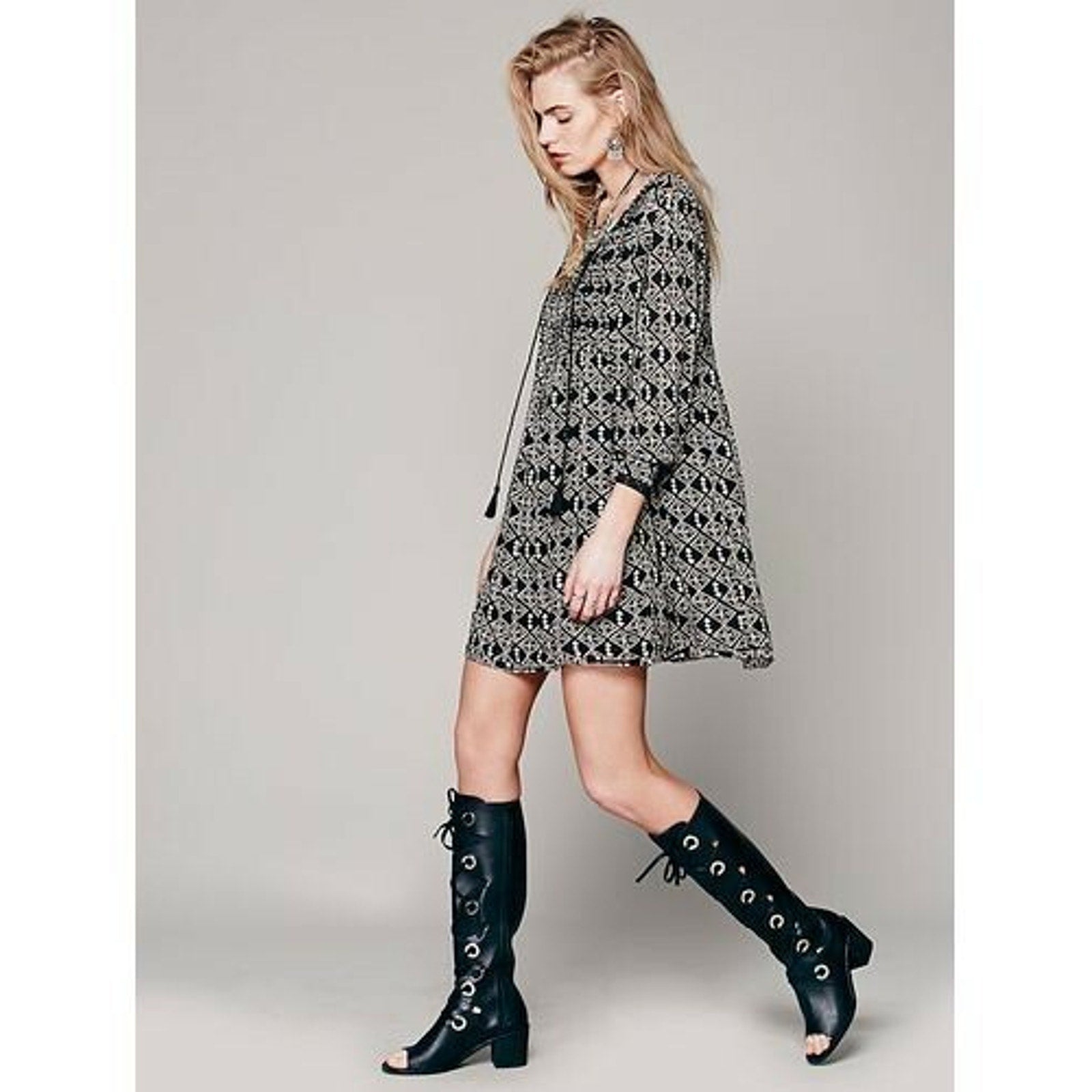 NEW $128 Free People Marlow Print Pintuck Pleat Shift Dress BLACK X-Small XS