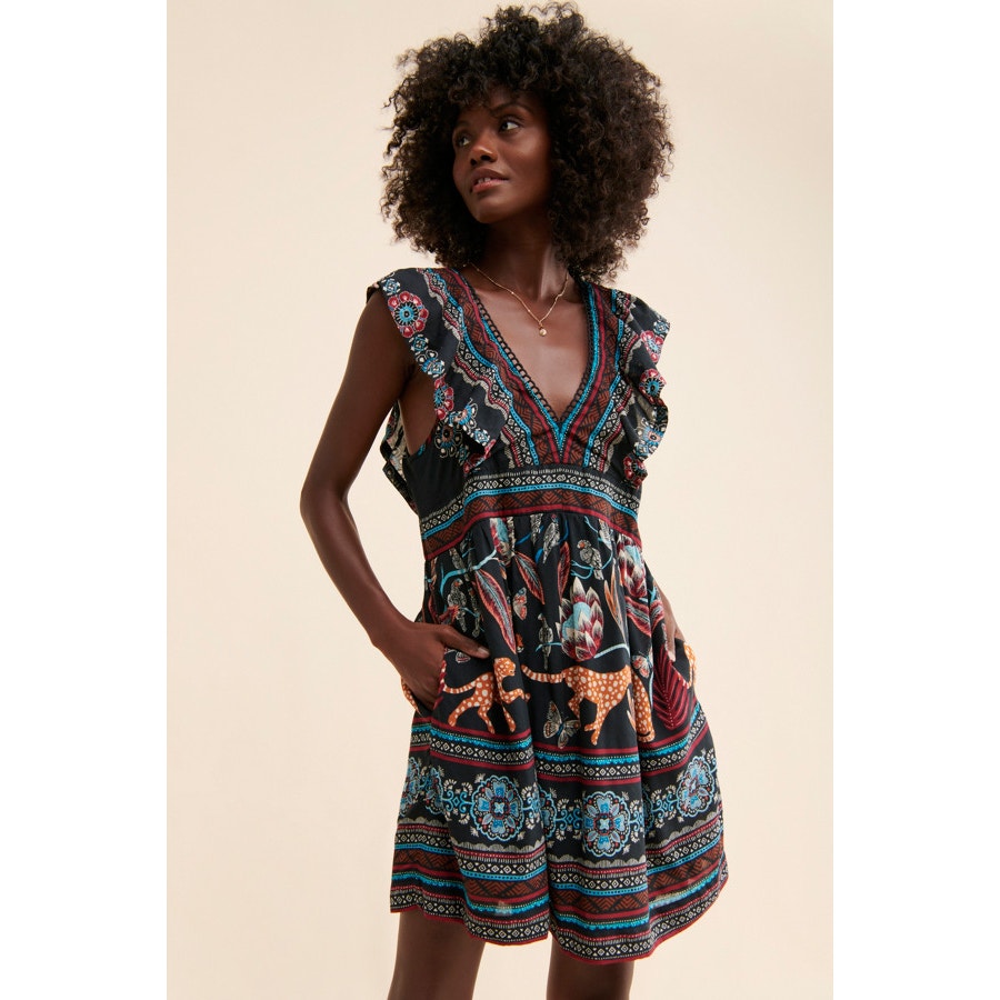 Anthropologie V-Neck Plunge Tunic Mini Dress $148 SMALL Animal Geo Black