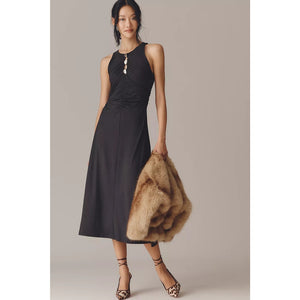 By Anthropologie Sleeveless Hardware Ruched Midi Dress LARGE Black