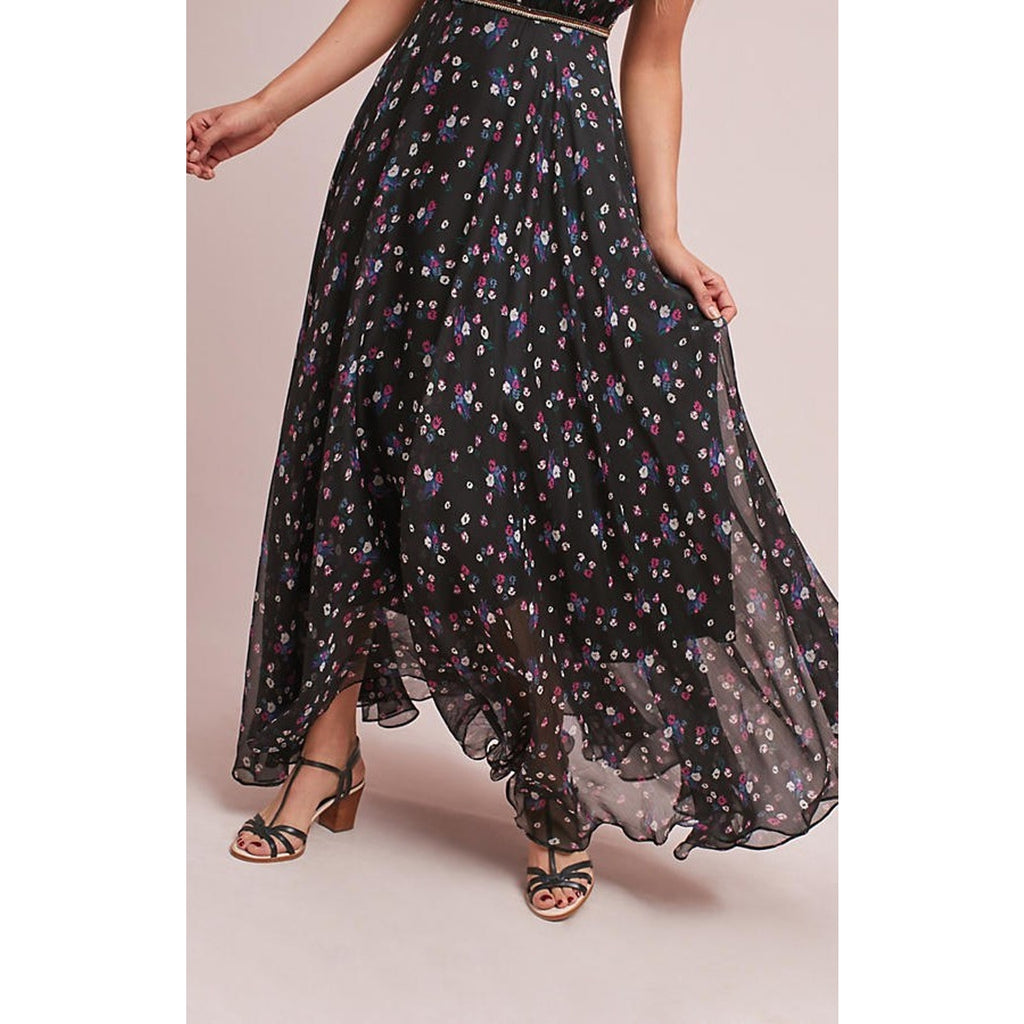 Anthropologie Pomona Floral Maxi Dress Black Beaded Detail $228 Sz 4
