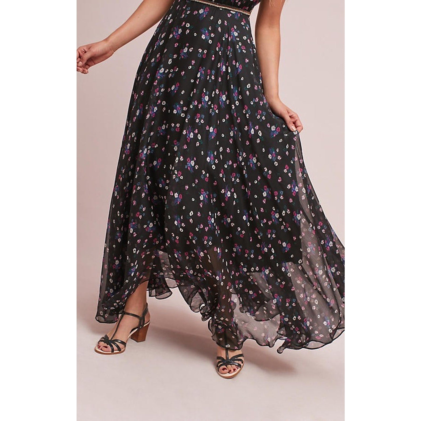 Anthropologie Pomona Floral Maxi Dress Black Beaded Detail $228 Sz 4
