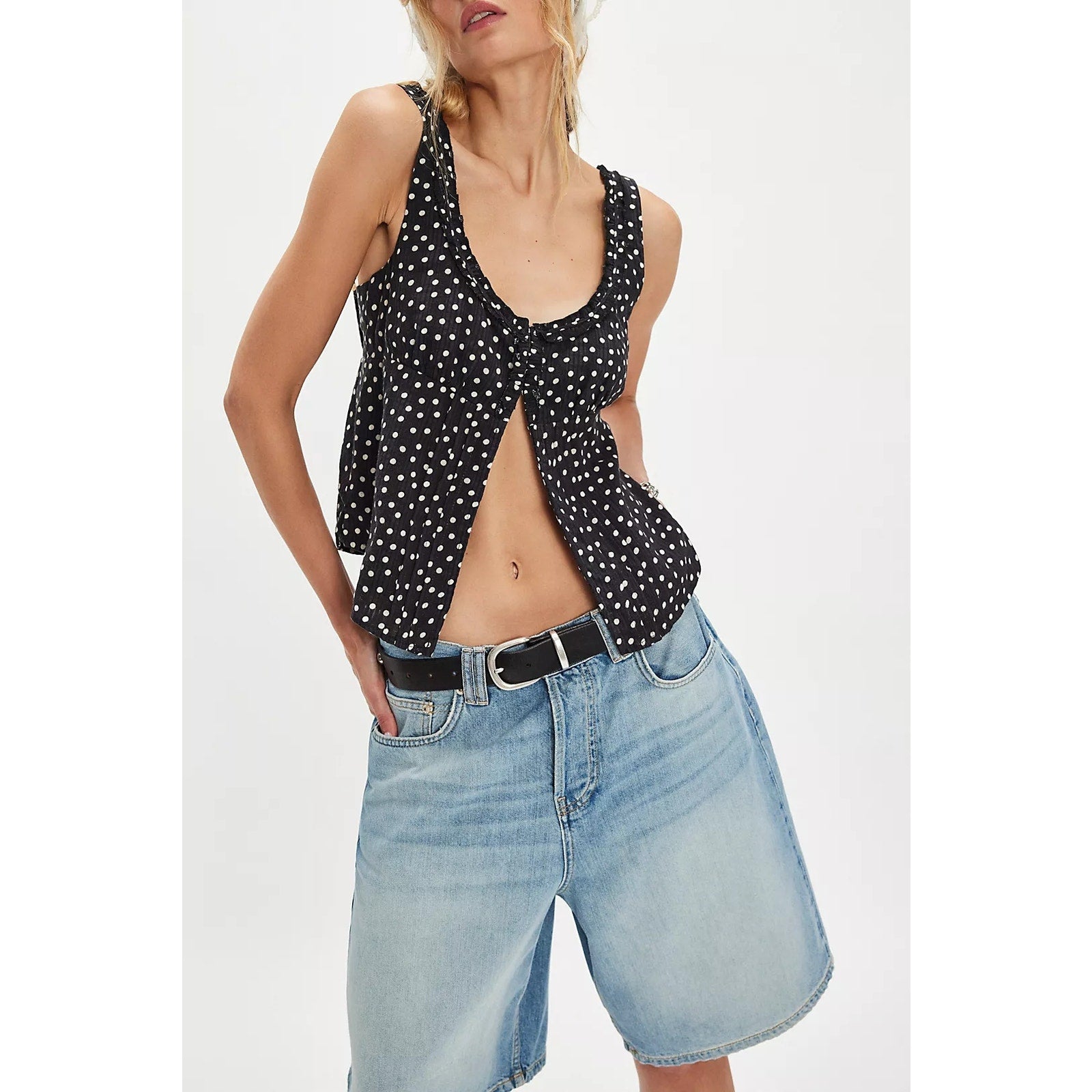 FREE PEOPLE Ellia Printed Set TOP + SKORT X-LARGE Black Combo Polka Dot Free People