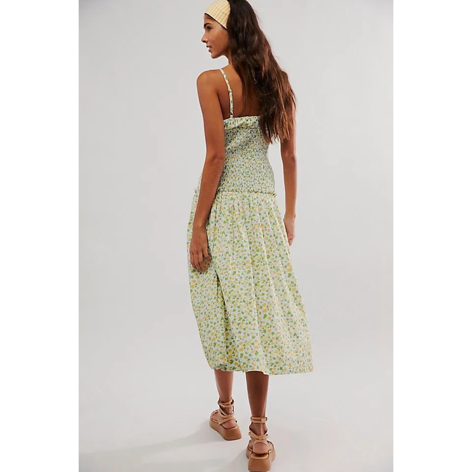 FREE PEOPLE Lavender Daze Dress Smock Midi Sz S Green Floral Boho Free People