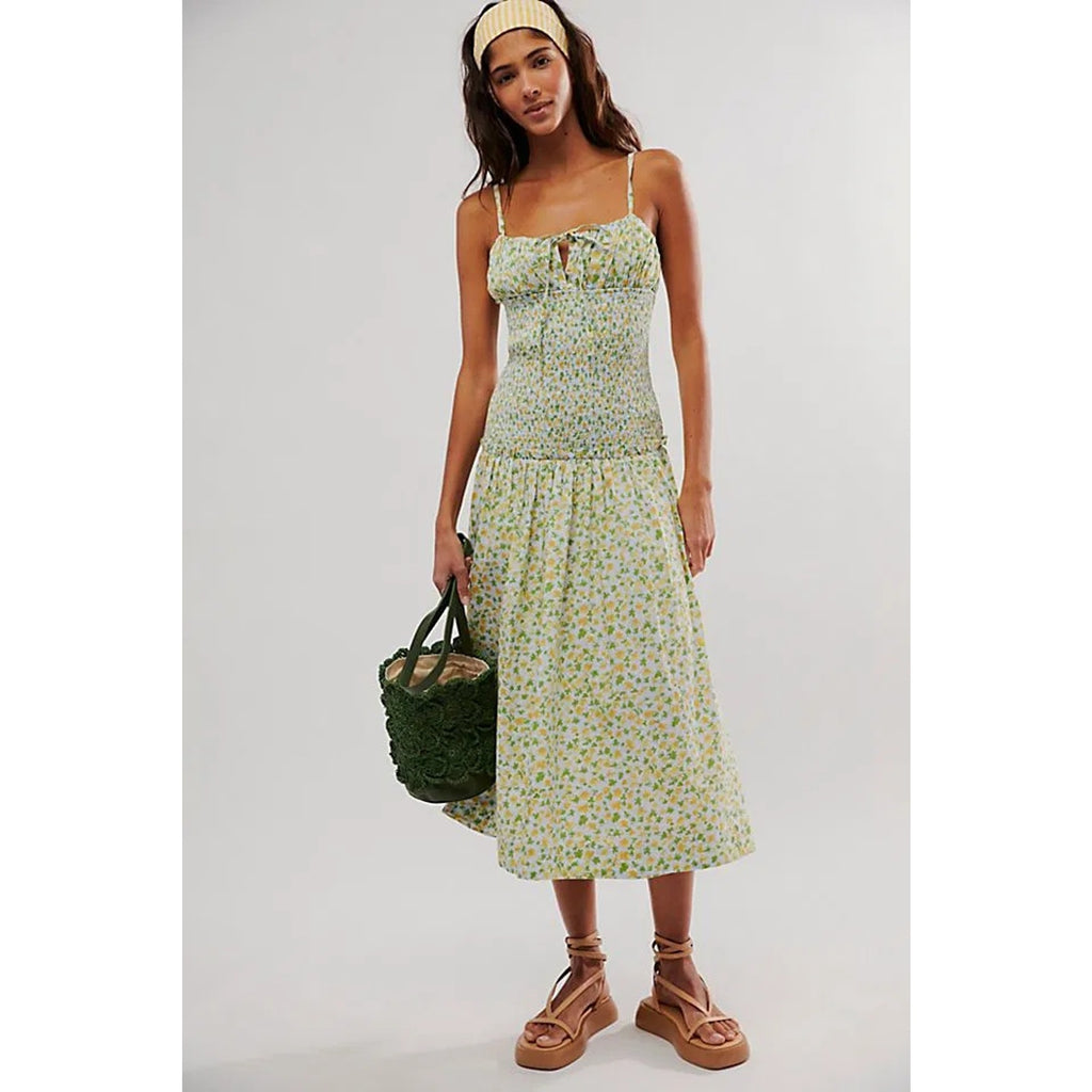 FREE PEOPLE Lavender Daze Floral Midi Dress MEDIUM Green Smock Free People
